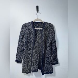 Talbots women’s Cotton Cashmere Damask Open Cardigan Size XS EUC navy & Grey